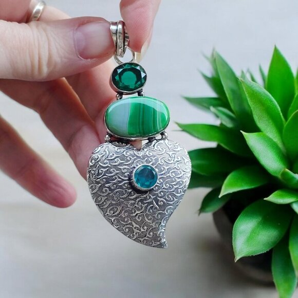 Emerald ✦ Green Lace Agate ✦ Swiss Blue Topaz Heart Pendant 925 Sterling NWT - Picture 11 of 16